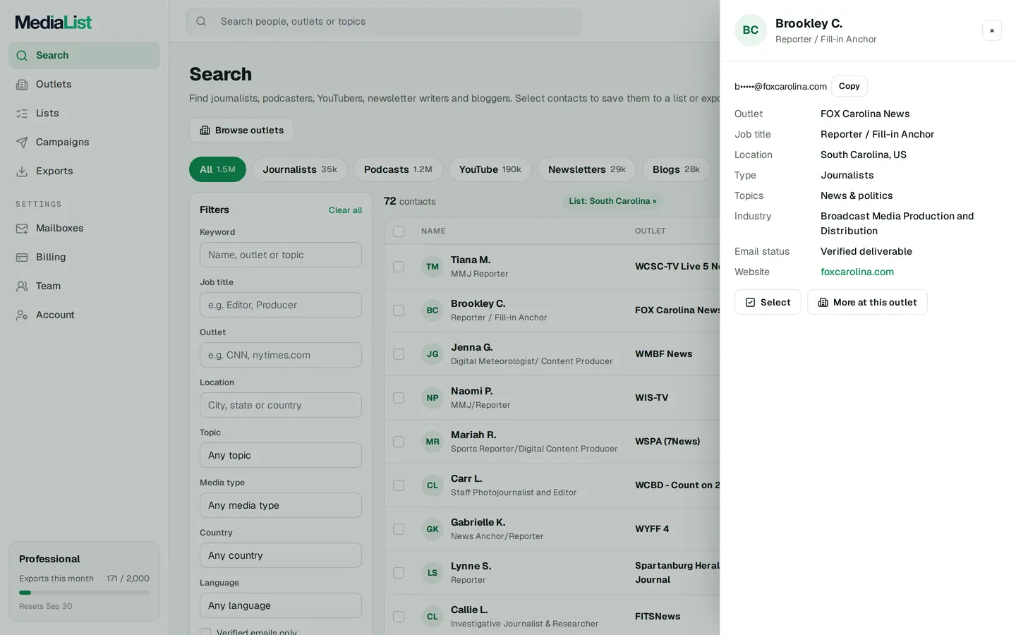 A contact opened in Media List, showing details and an unlocked email