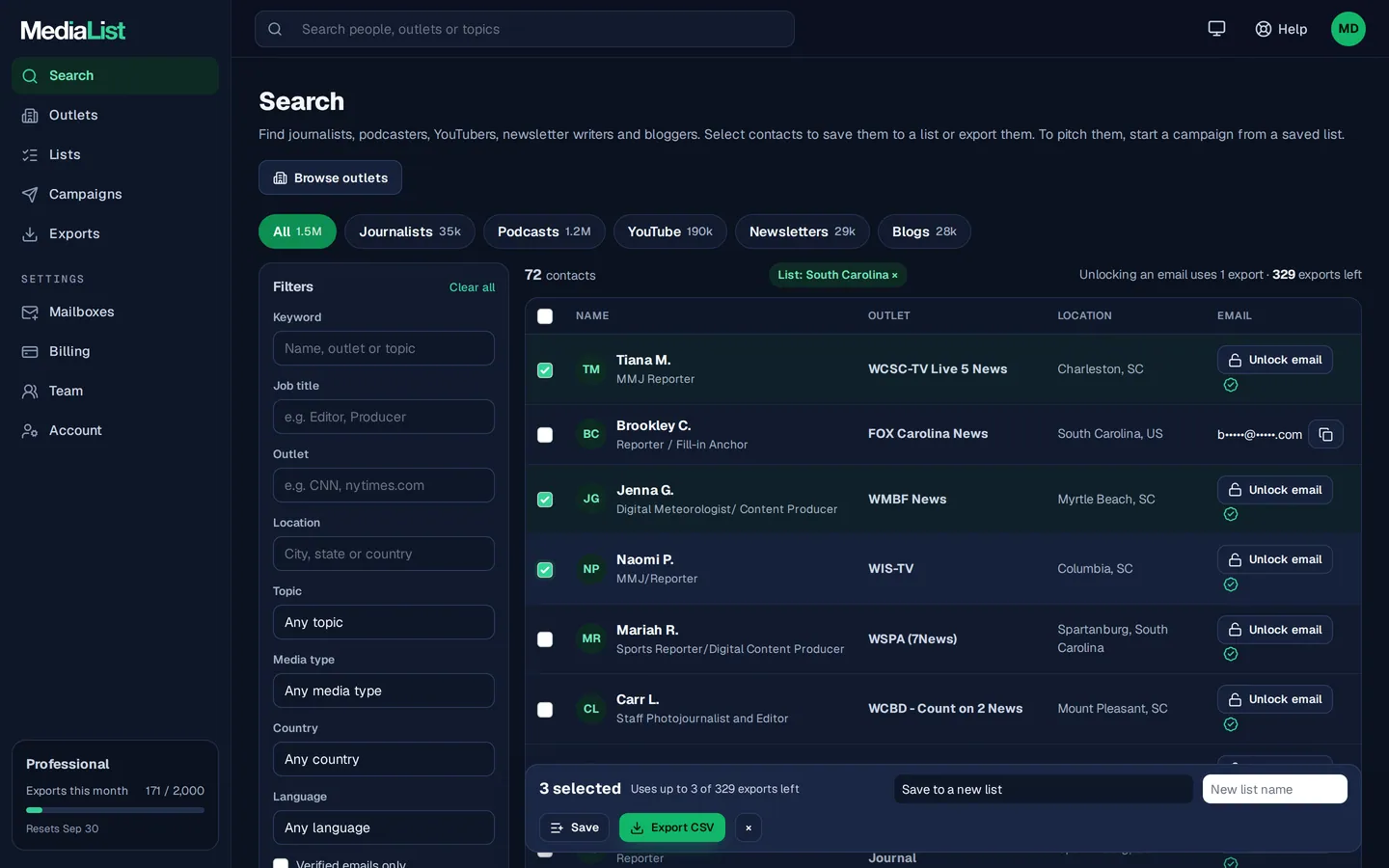 Media List search results with filters, showing contacts and verified emails