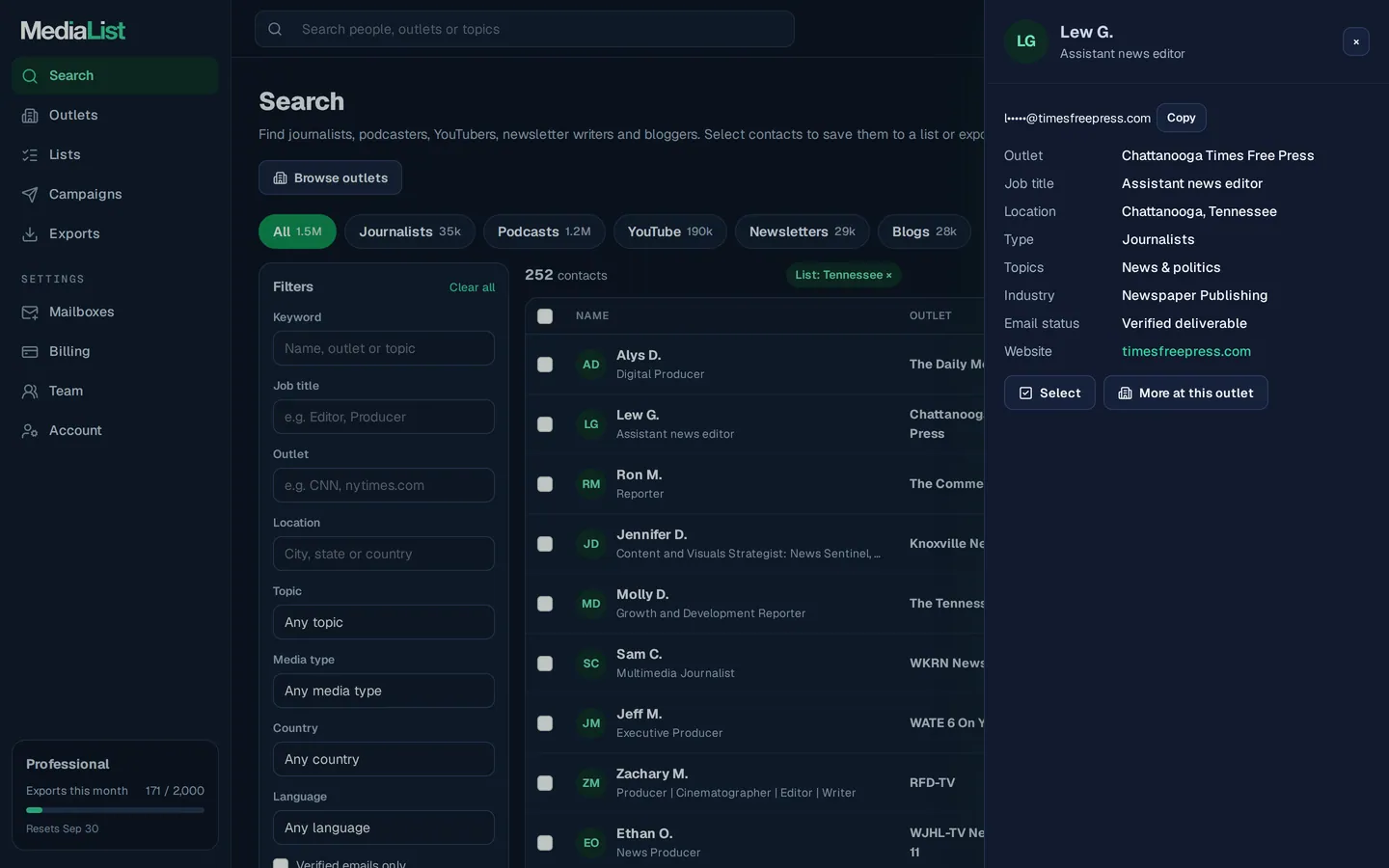 A contact opened in Media List, showing details and an unlocked email