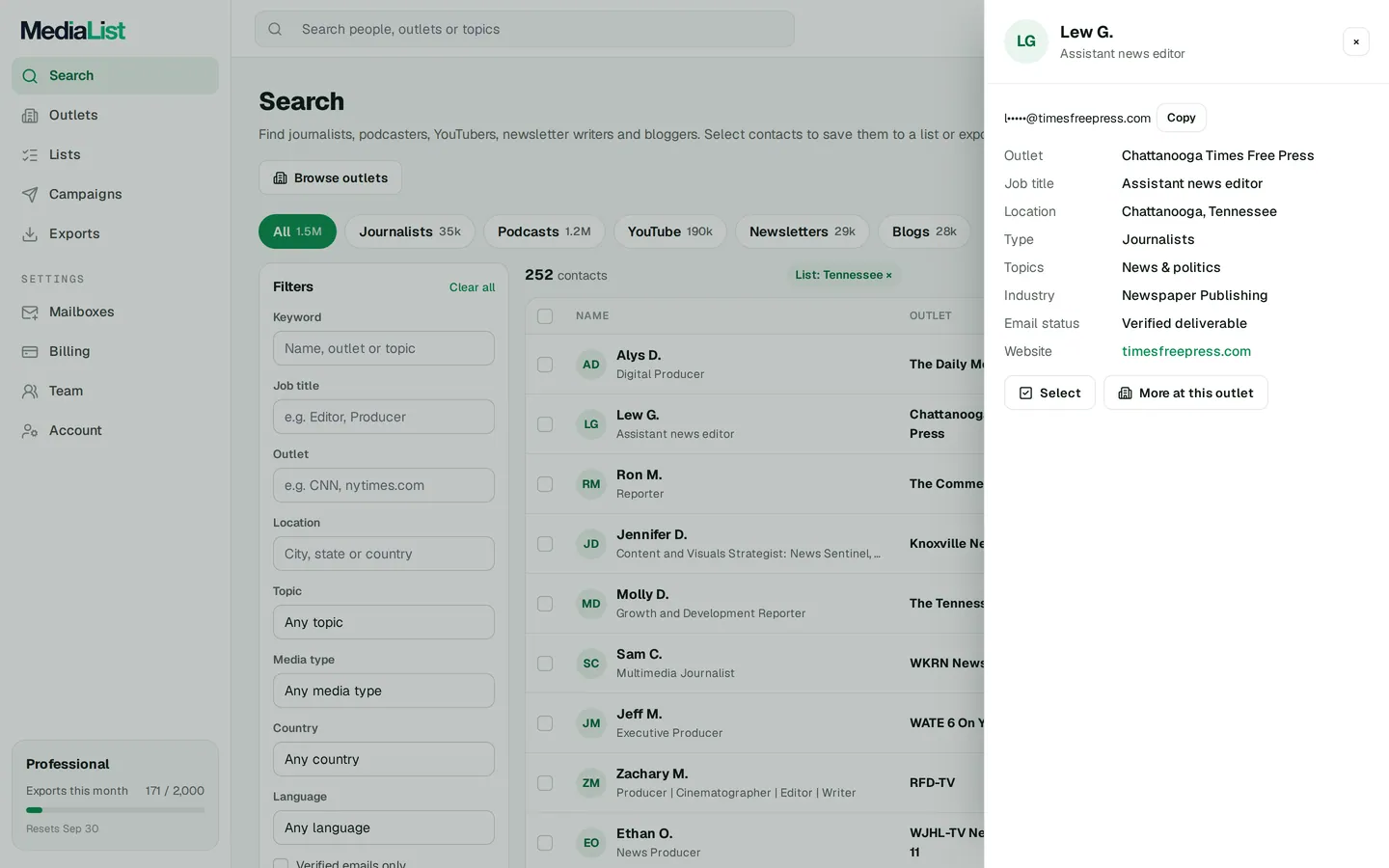 A contact opened in Media List, showing details and an unlocked email