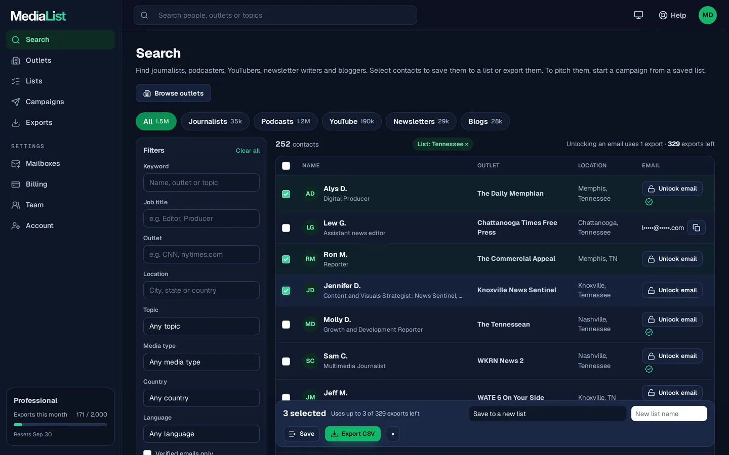 Media List search results with filters, showing contacts and verified emails