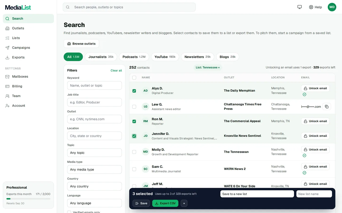 Media List search results with filters, showing contacts and verified emails
