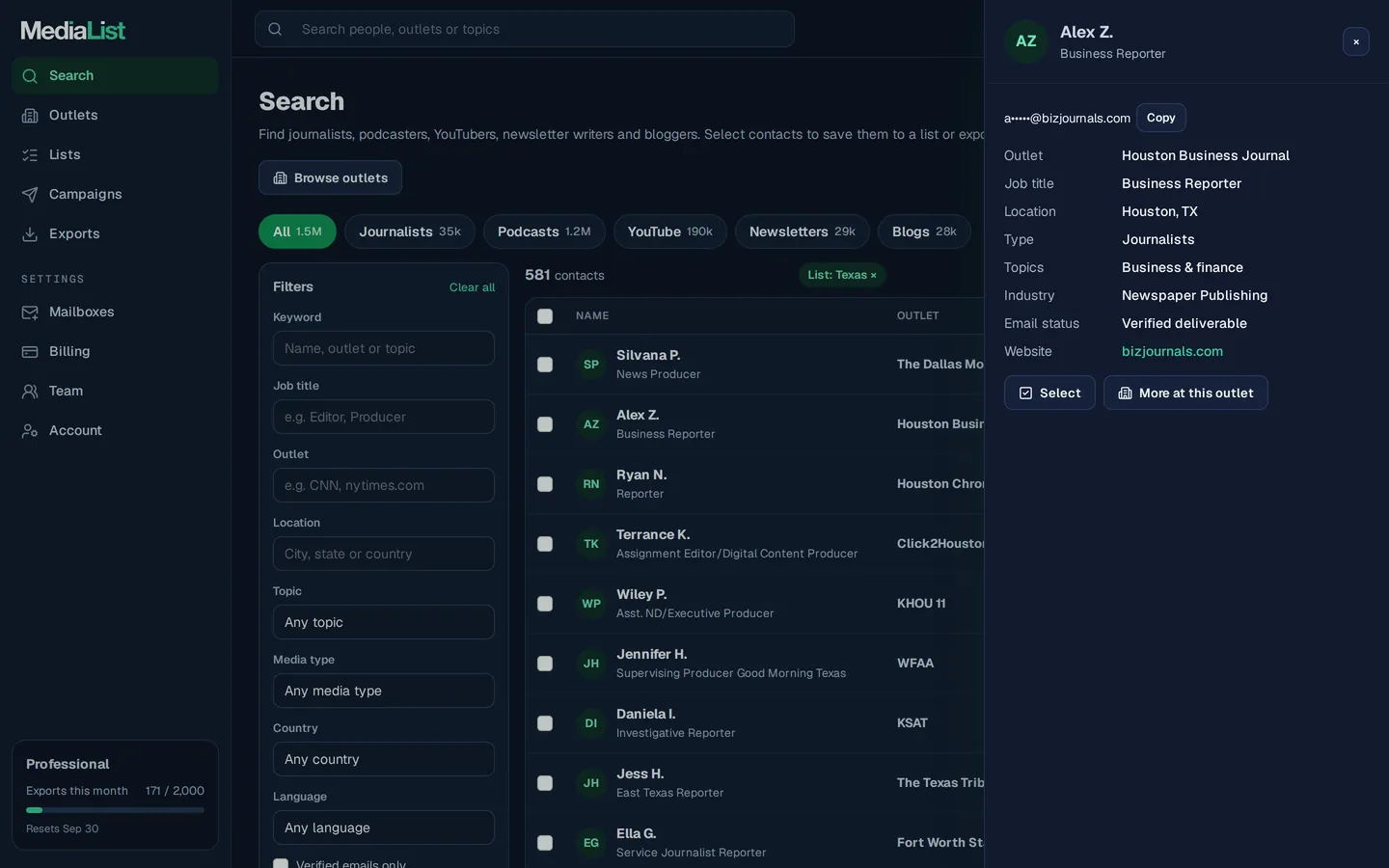 A contact opened in Media List, showing details and an unlocked email