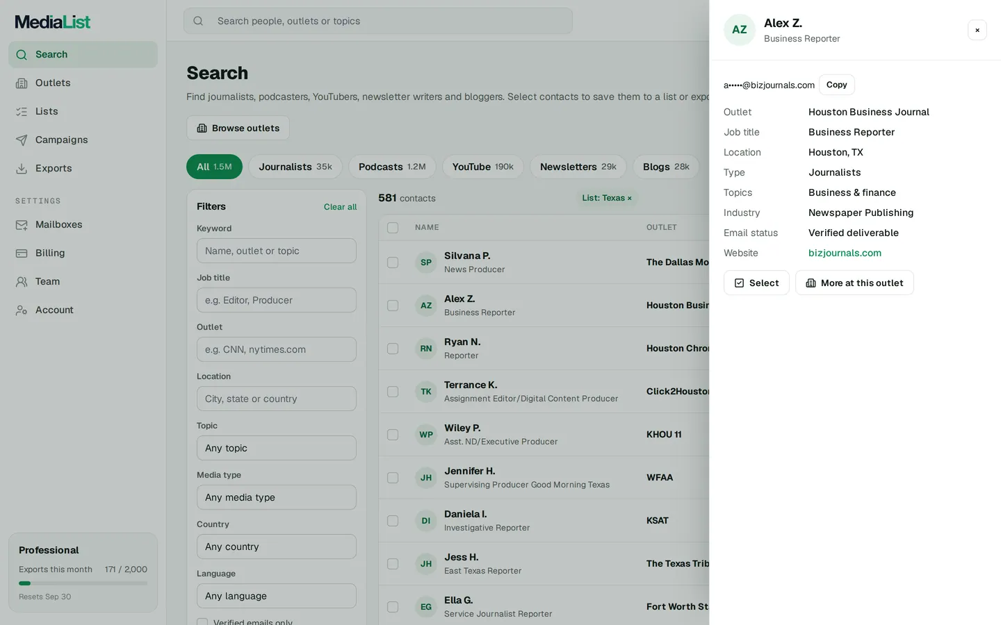 A contact opened in Media List, showing details and an unlocked email
