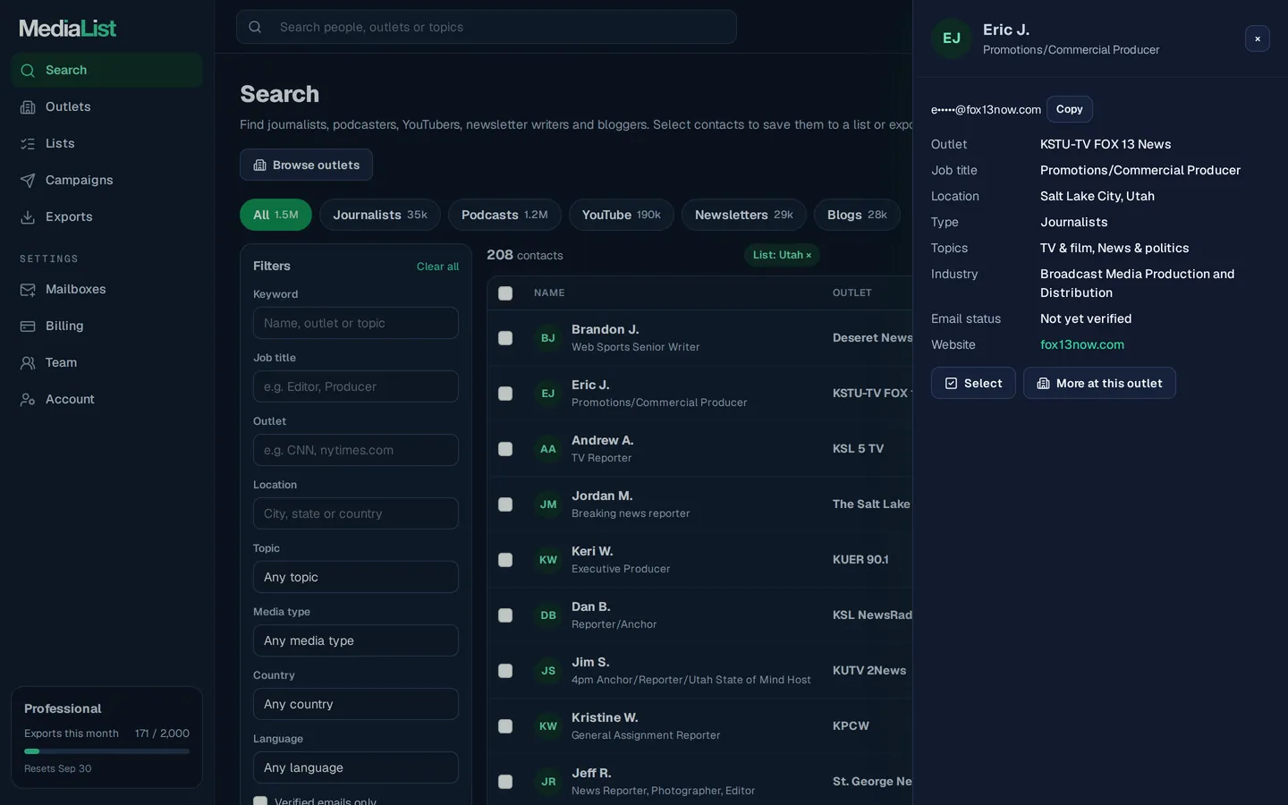 A contact opened in Media List, showing details and an unlocked email