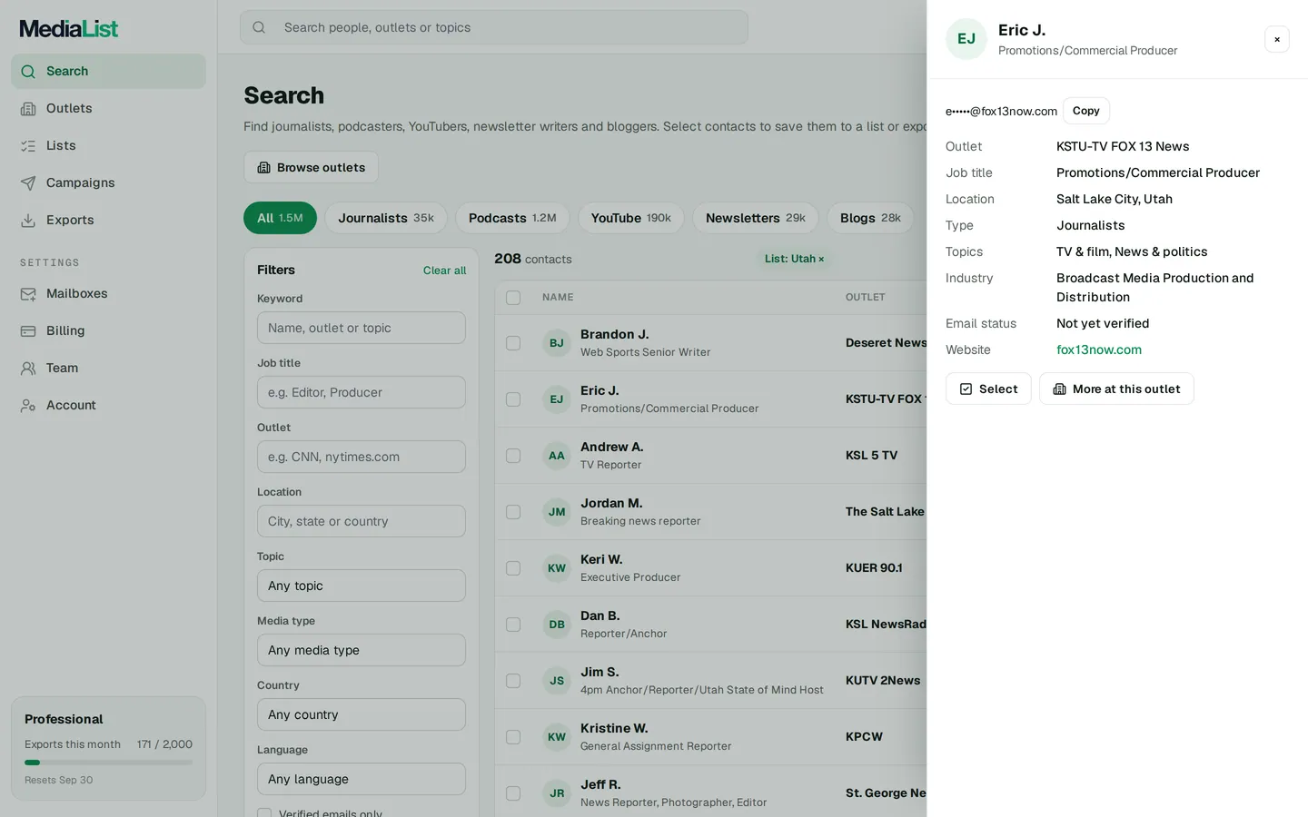 A contact opened in Media List, showing details and an unlocked email