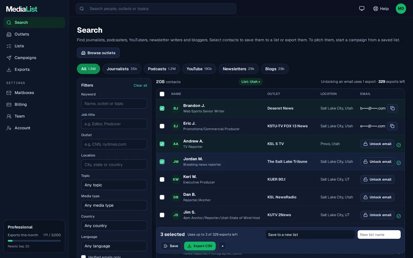 Media List search results with filters, showing contacts and verified emails