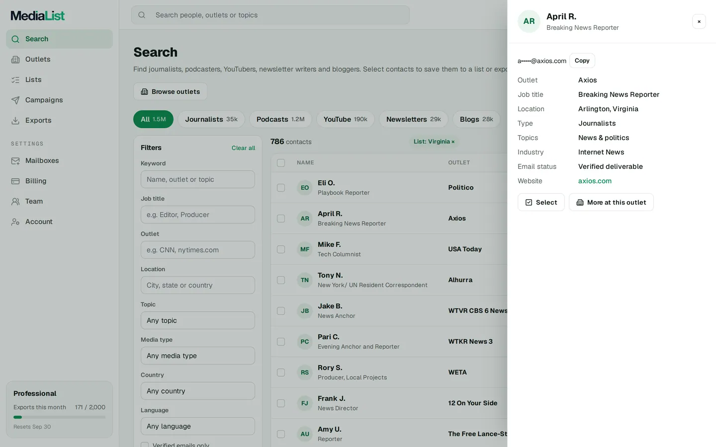A contact opened in Media List, showing details and an unlocked email