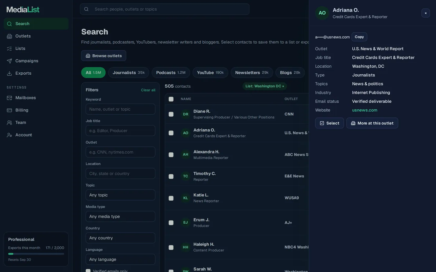A contact opened in Media List, showing details and an unlocked email
