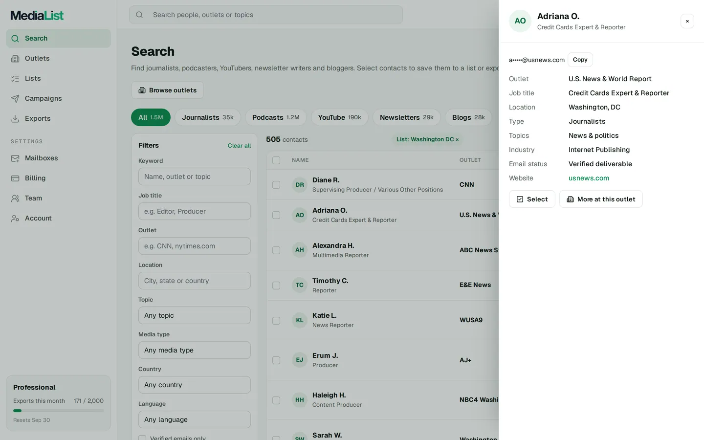 A contact opened in Media List, showing details and an unlocked email