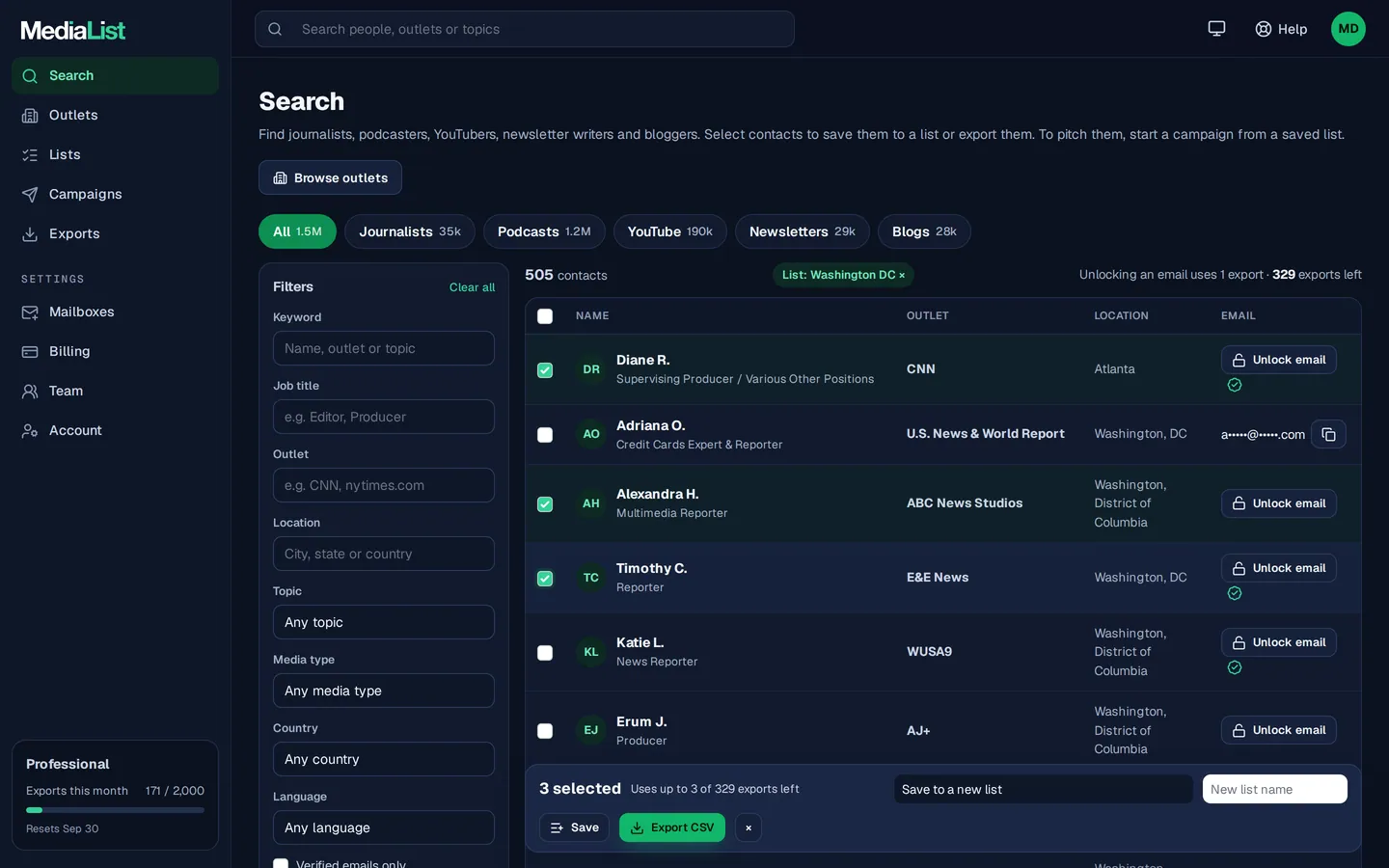 Media List search results with filters, showing contacts and verified emails