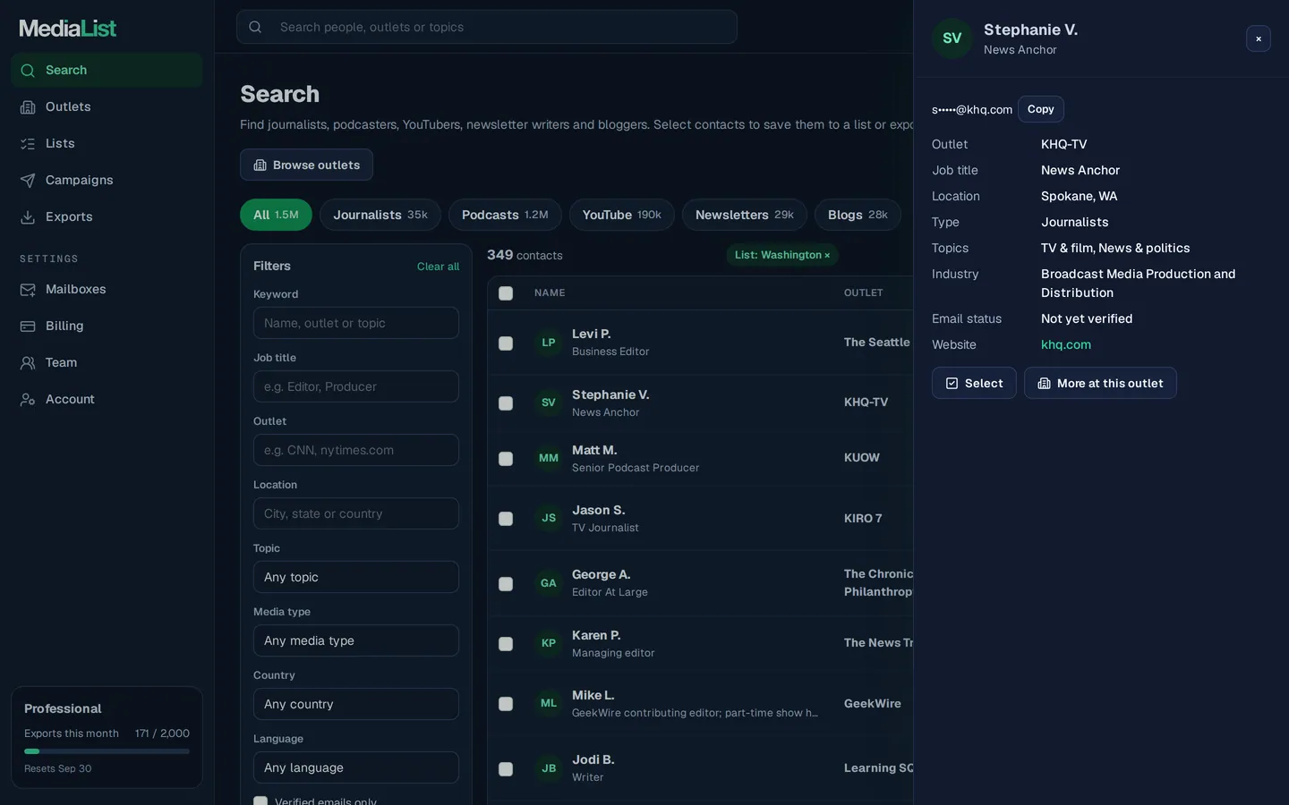 A contact opened in Media List, showing details and an unlocked email
