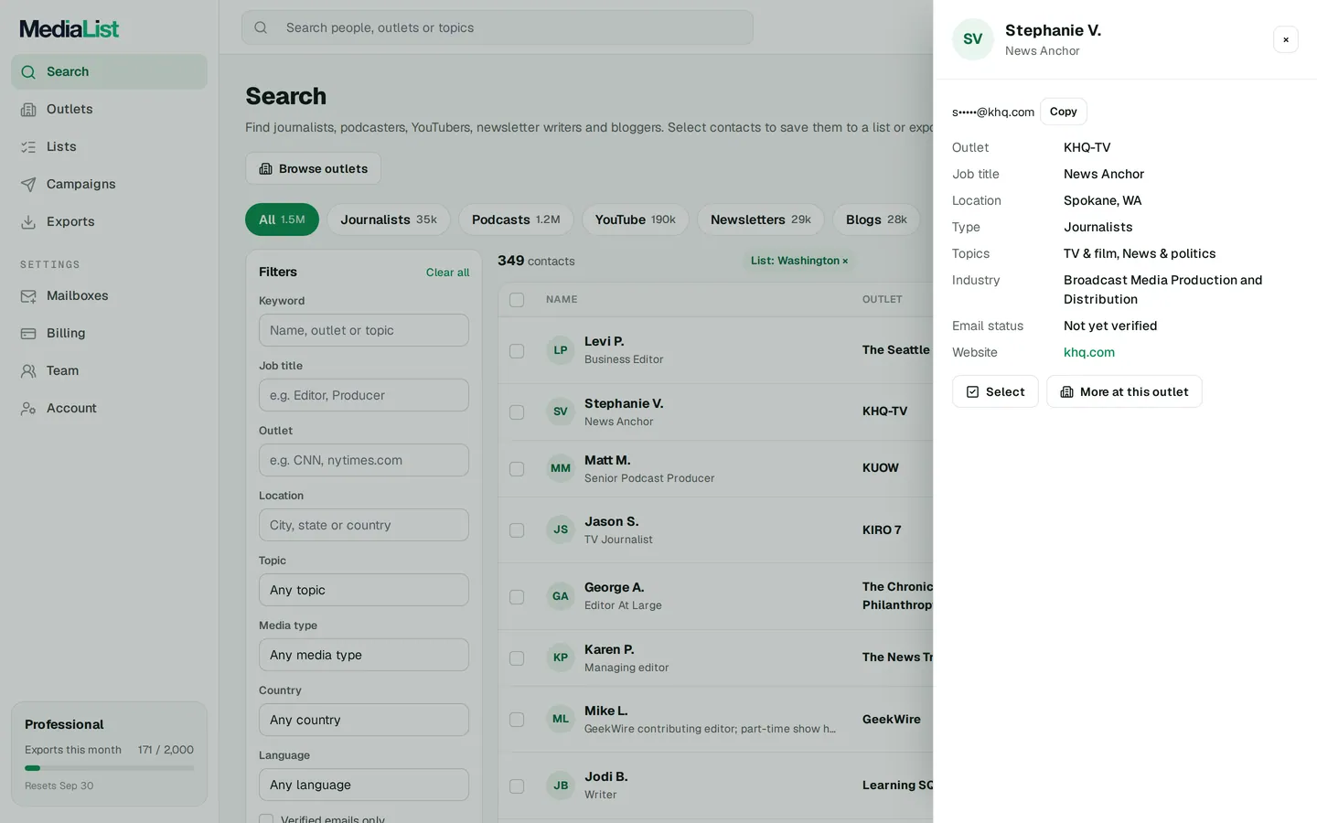 A contact opened in Media List, showing details and an unlocked email