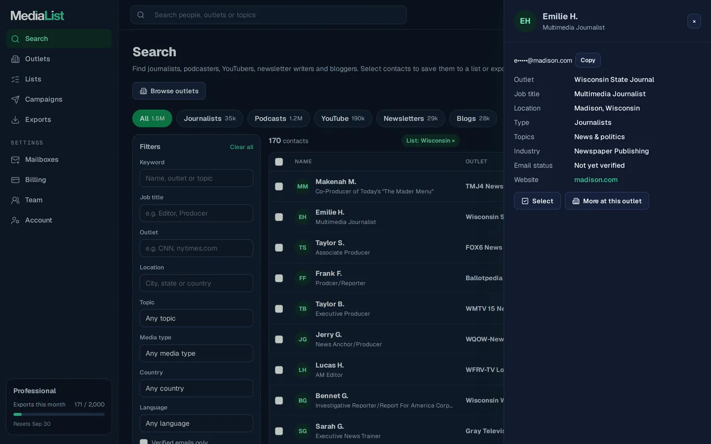 A contact opened in Media List, showing details and an unlocked email