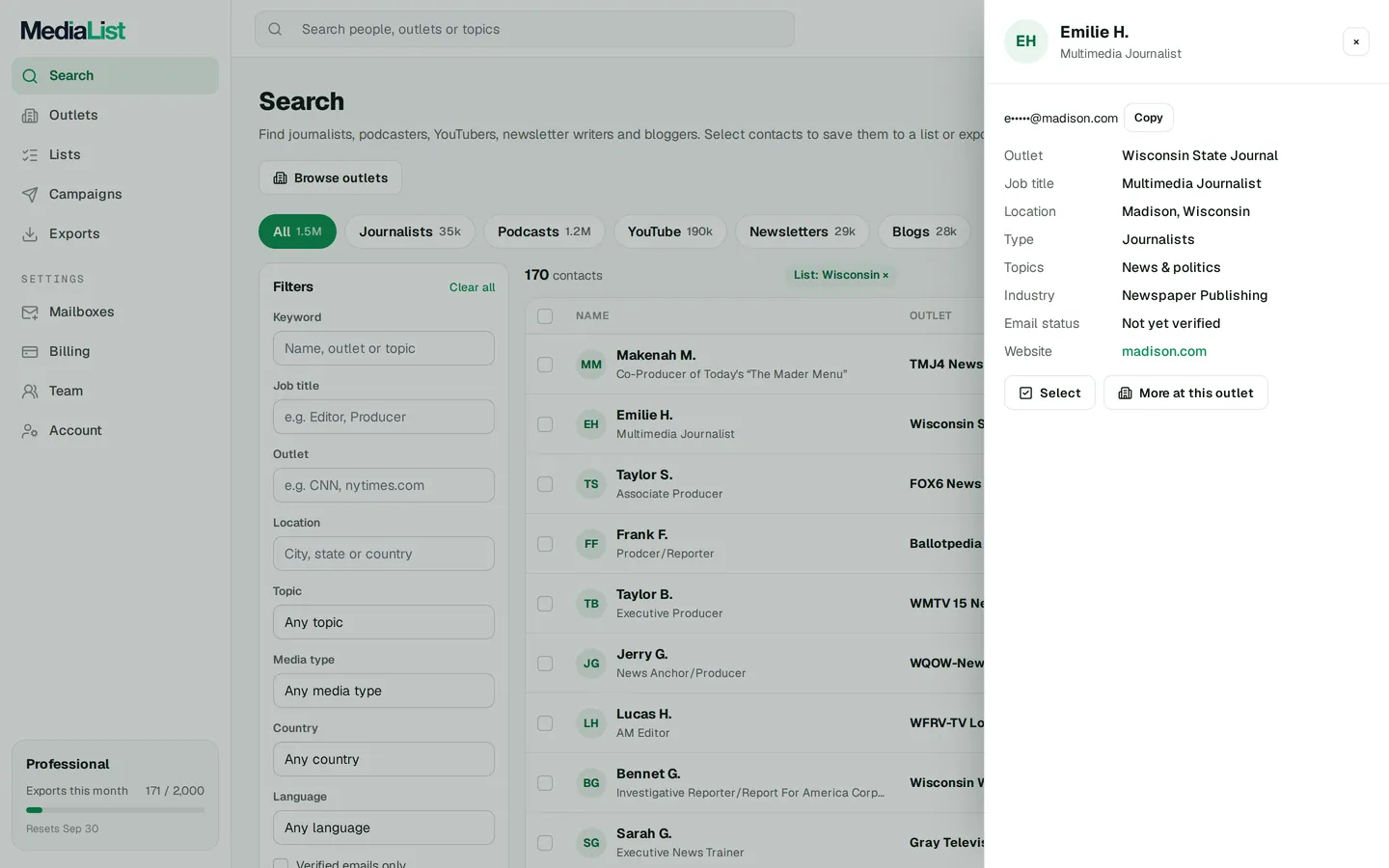 A contact opened in Media List, showing details and an unlocked email
