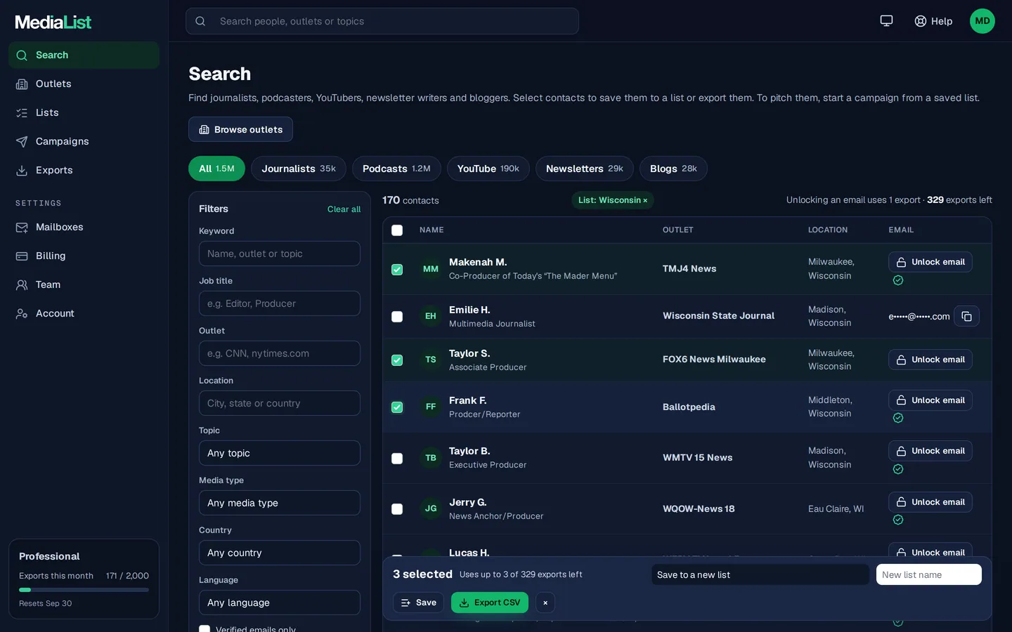 Media List search results with filters, showing contacts and verified emails
