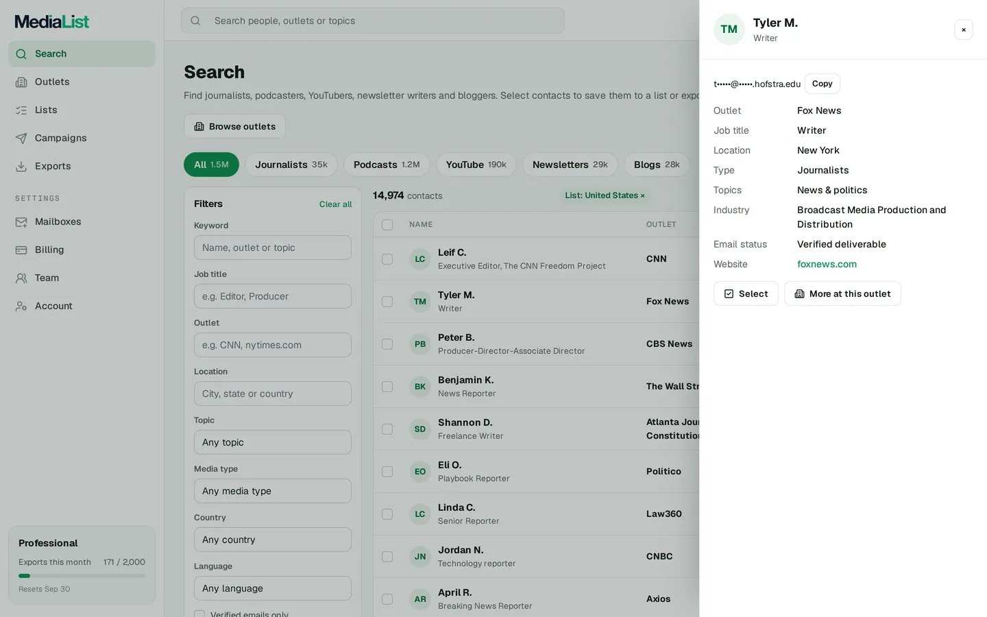 A contact opened in Media List, showing details and an unlocked email