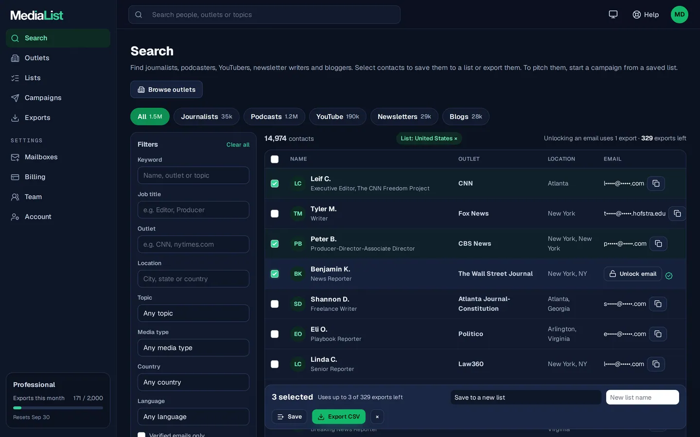 Media List search results with filters, showing contacts and verified emails