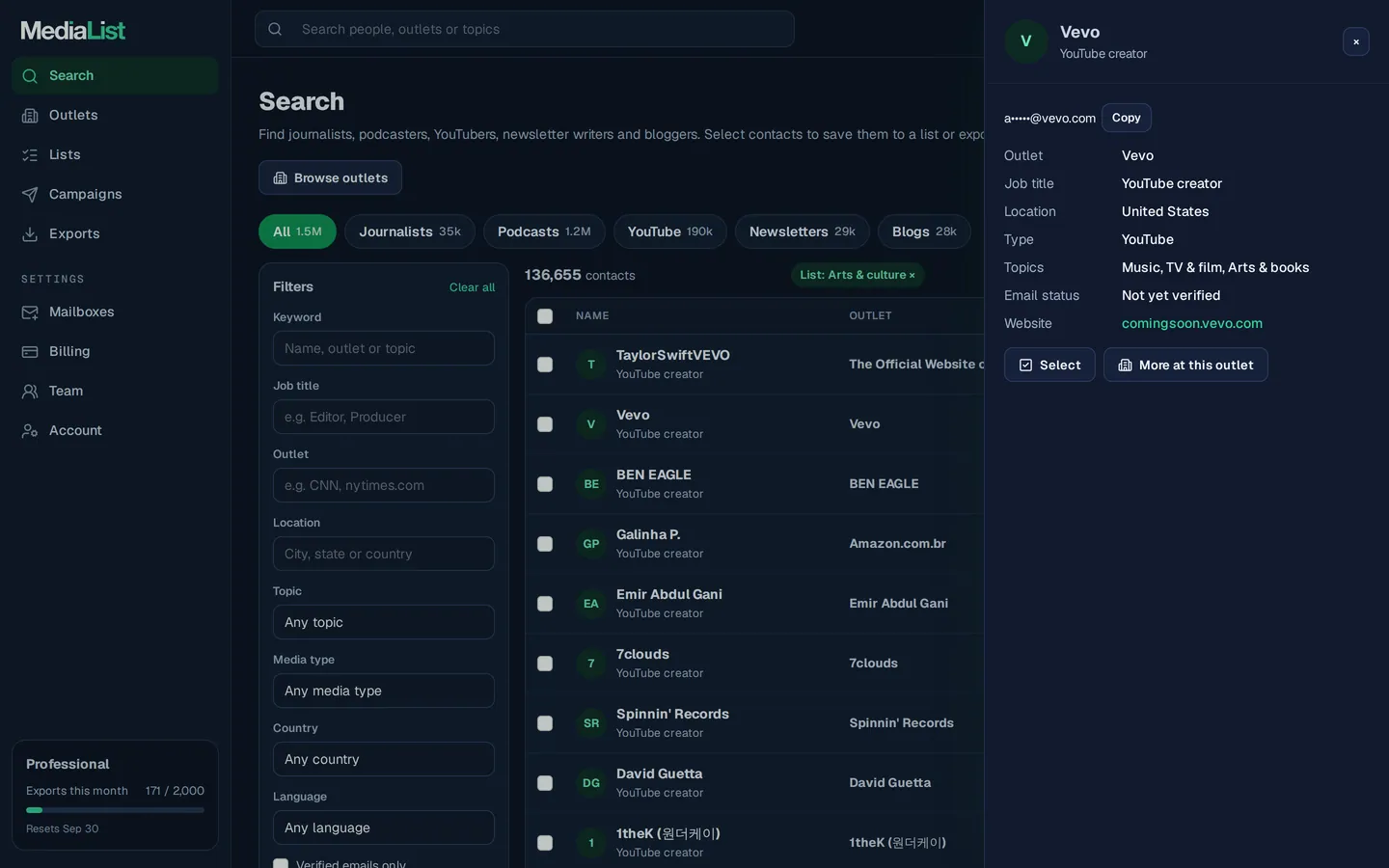 A contact opened in Media List, showing details and an unlocked email