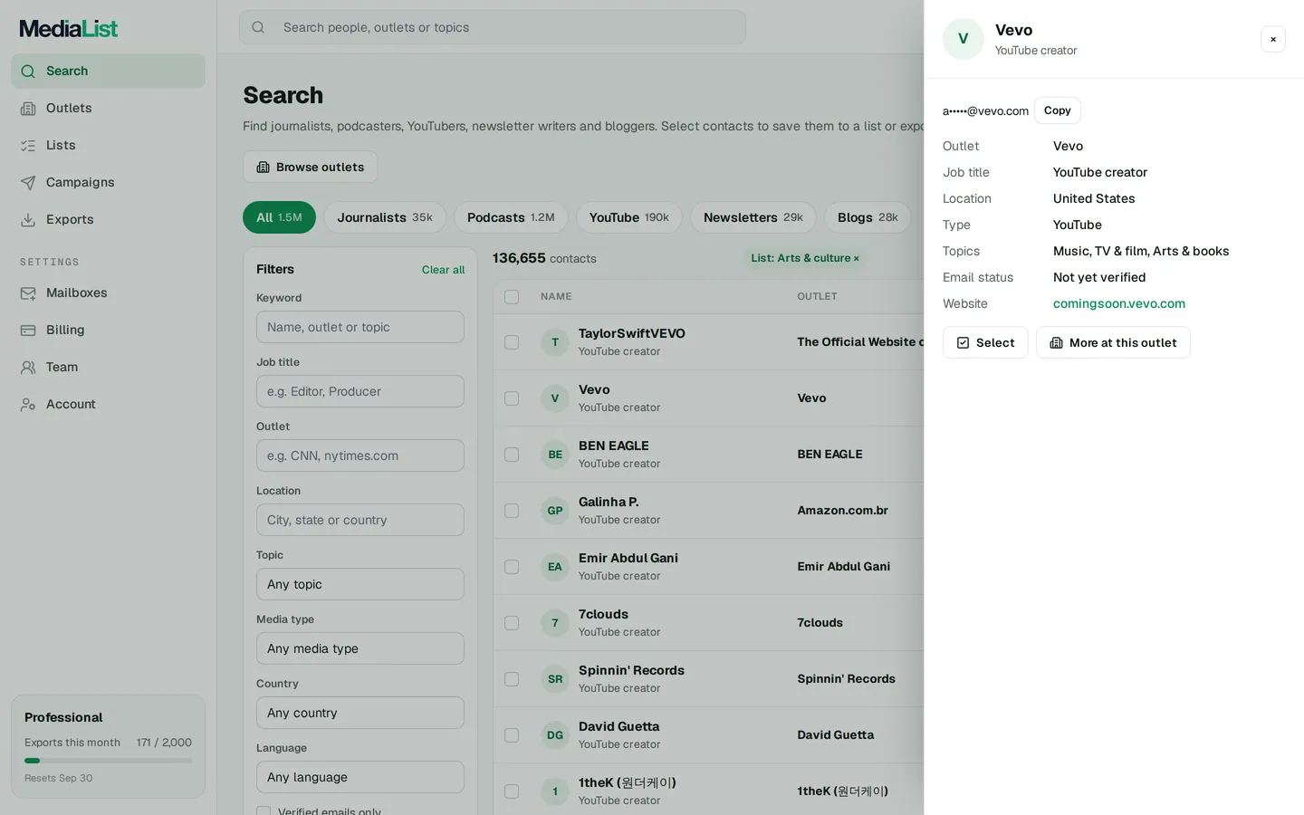 A contact opened in Media List, showing details and an unlocked email