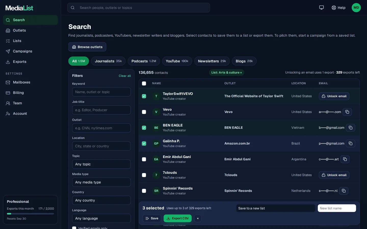 Media List search results with filters, showing contacts and verified emails