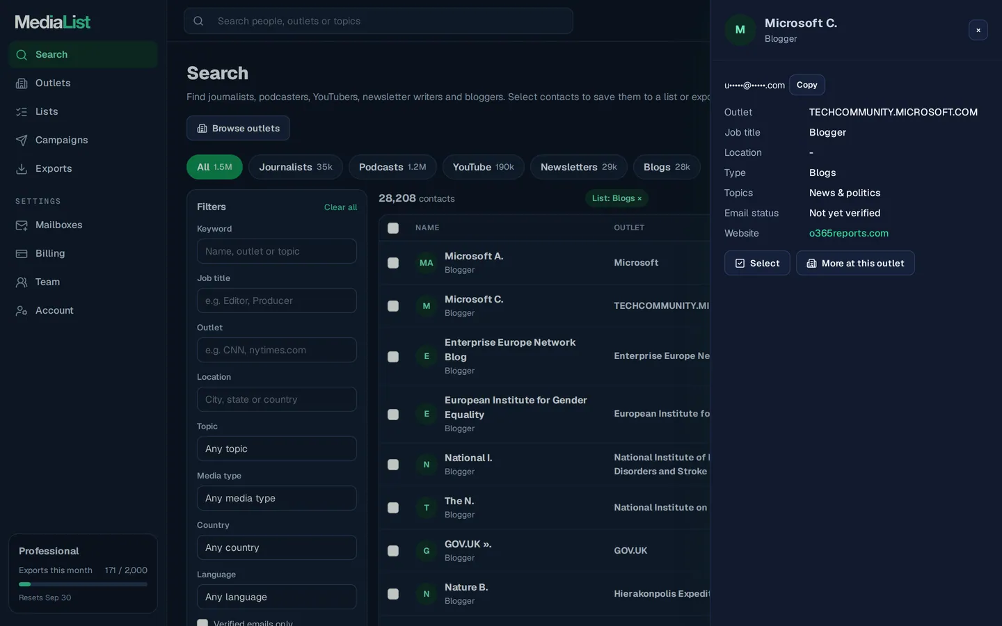 A contact opened in Media List, showing details and an unlocked email