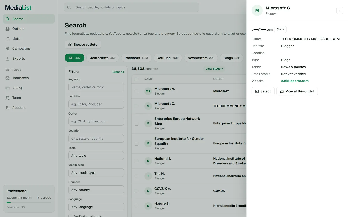 A contact opened in Media List, showing details and an unlocked email