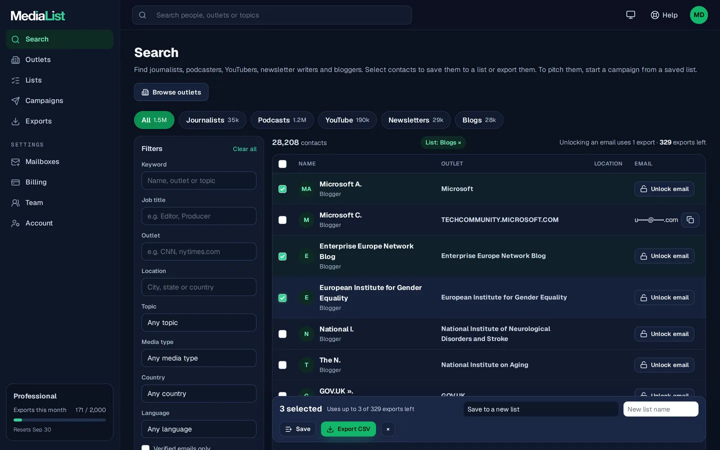 Media List search results with filters, showing contacts and verified emails