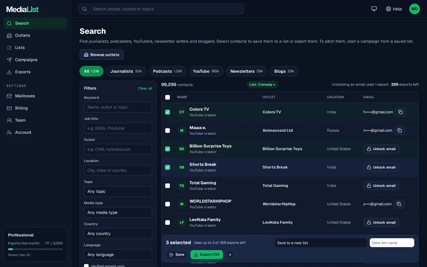 Media List search results with filters, showing contacts and verified emails