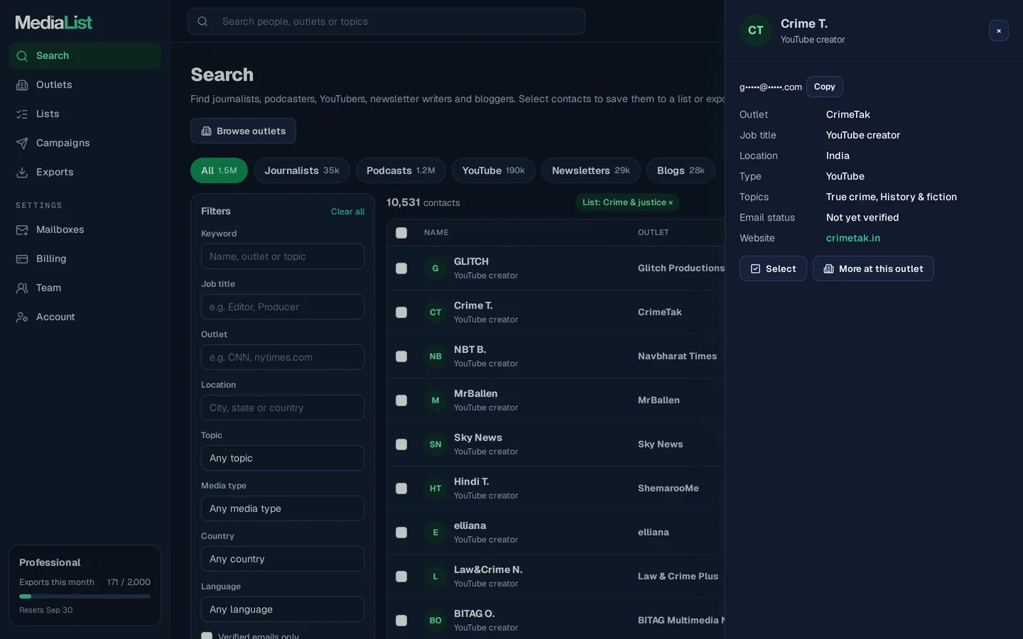 A contact opened in Media List, showing details and an unlocked email