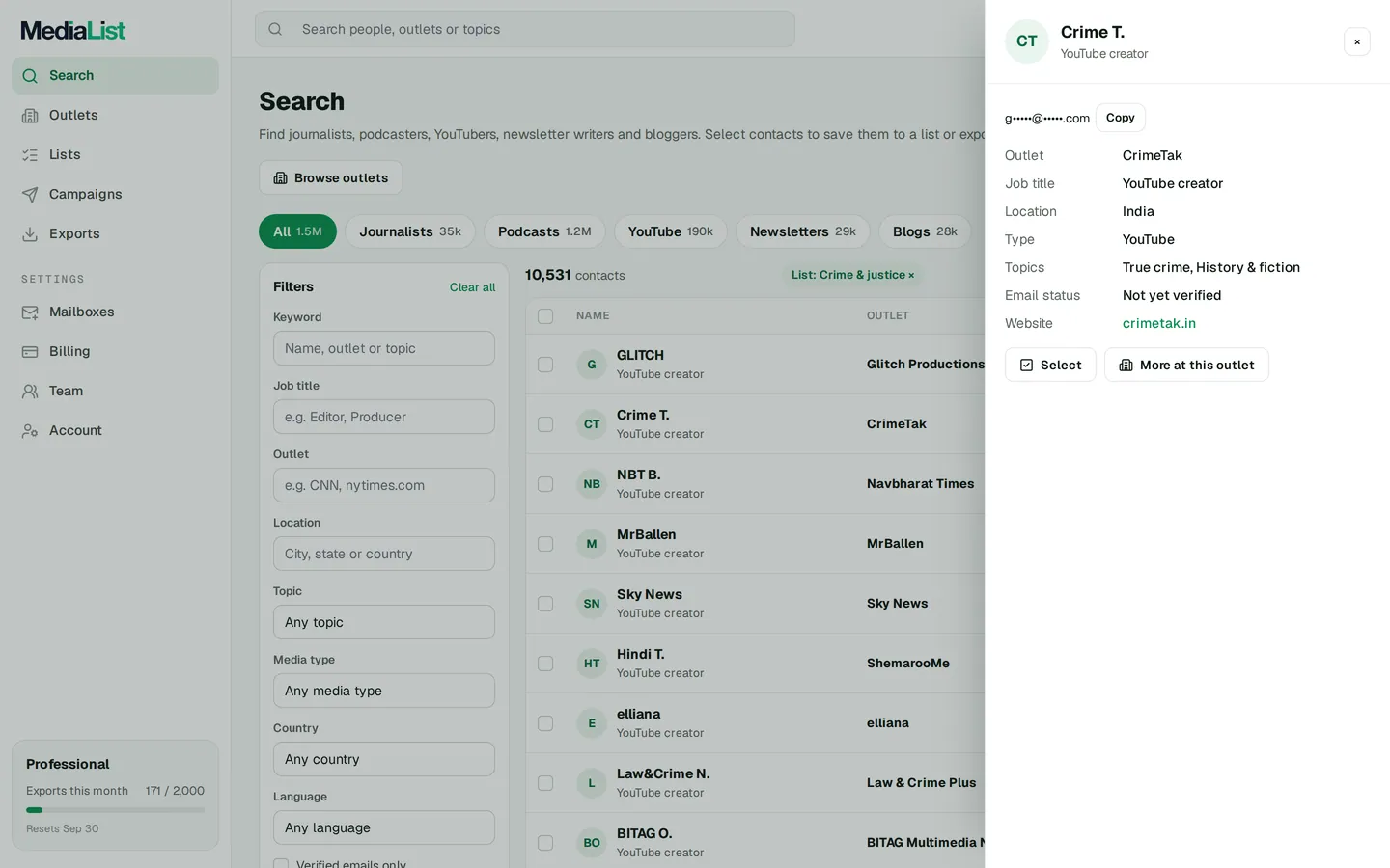 A contact opened in Media List, showing details and an unlocked email