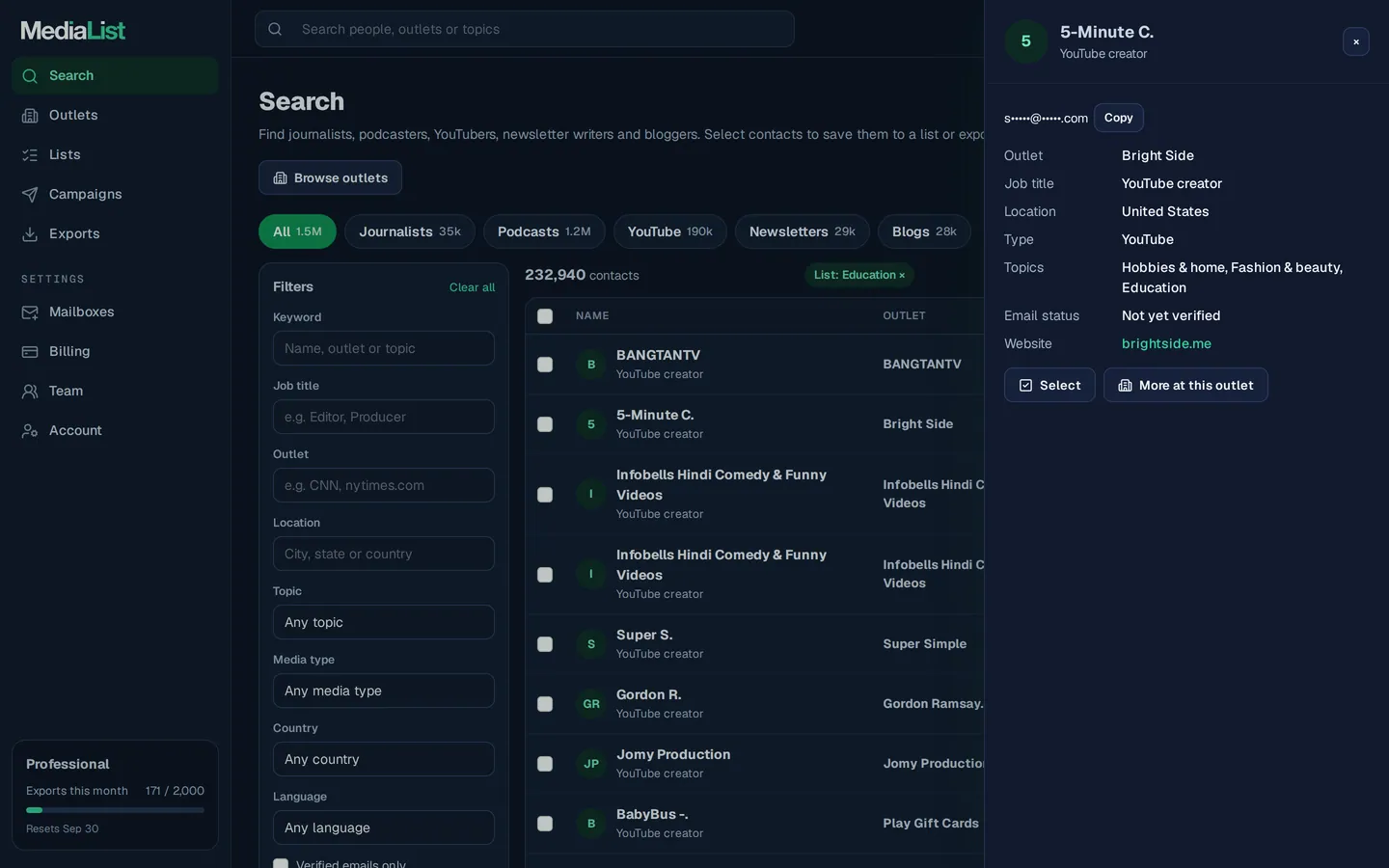 A contact opened in Media List, showing details and an unlocked email
