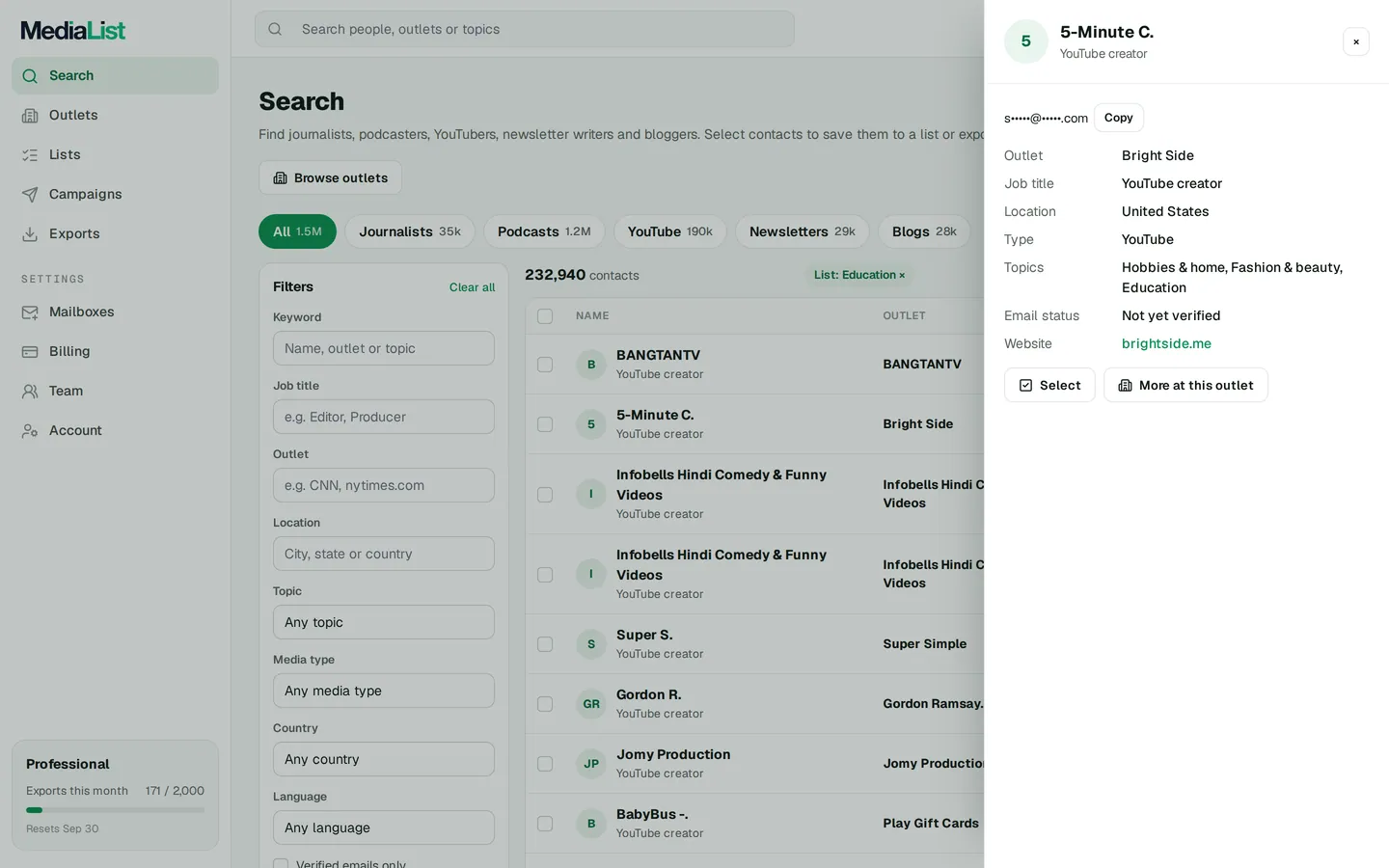 A contact opened in Media List, showing details and an unlocked email