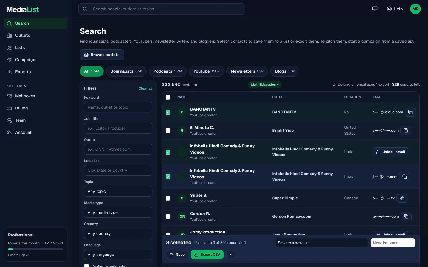 Media List search results with filters, showing contacts and verified emails
