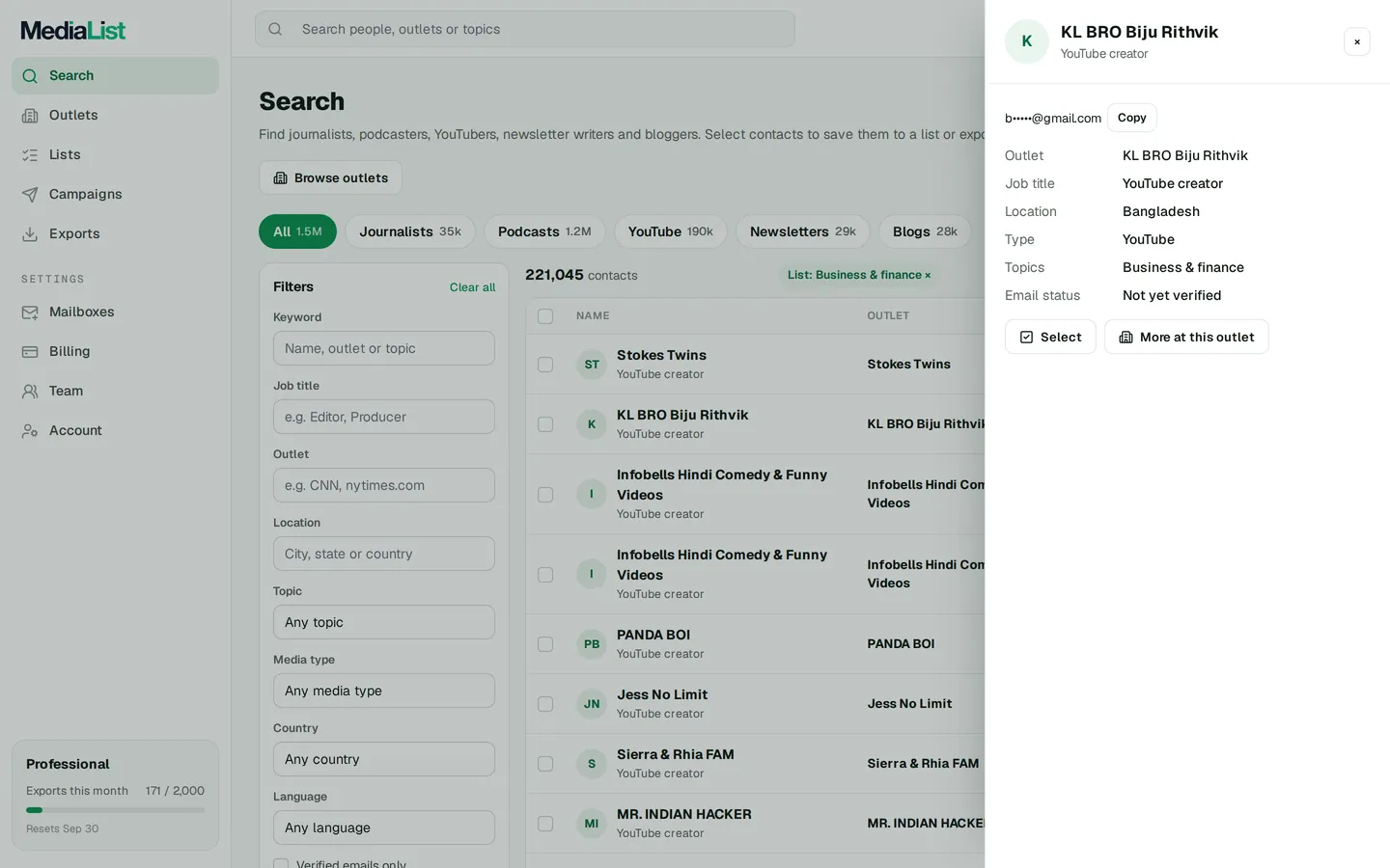 A contact opened in Media List, showing details and an unlocked email