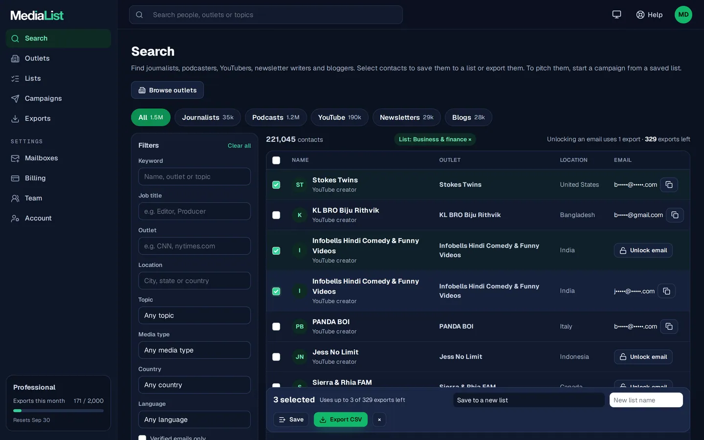 Media List search results with filters, showing contacts and verified emails