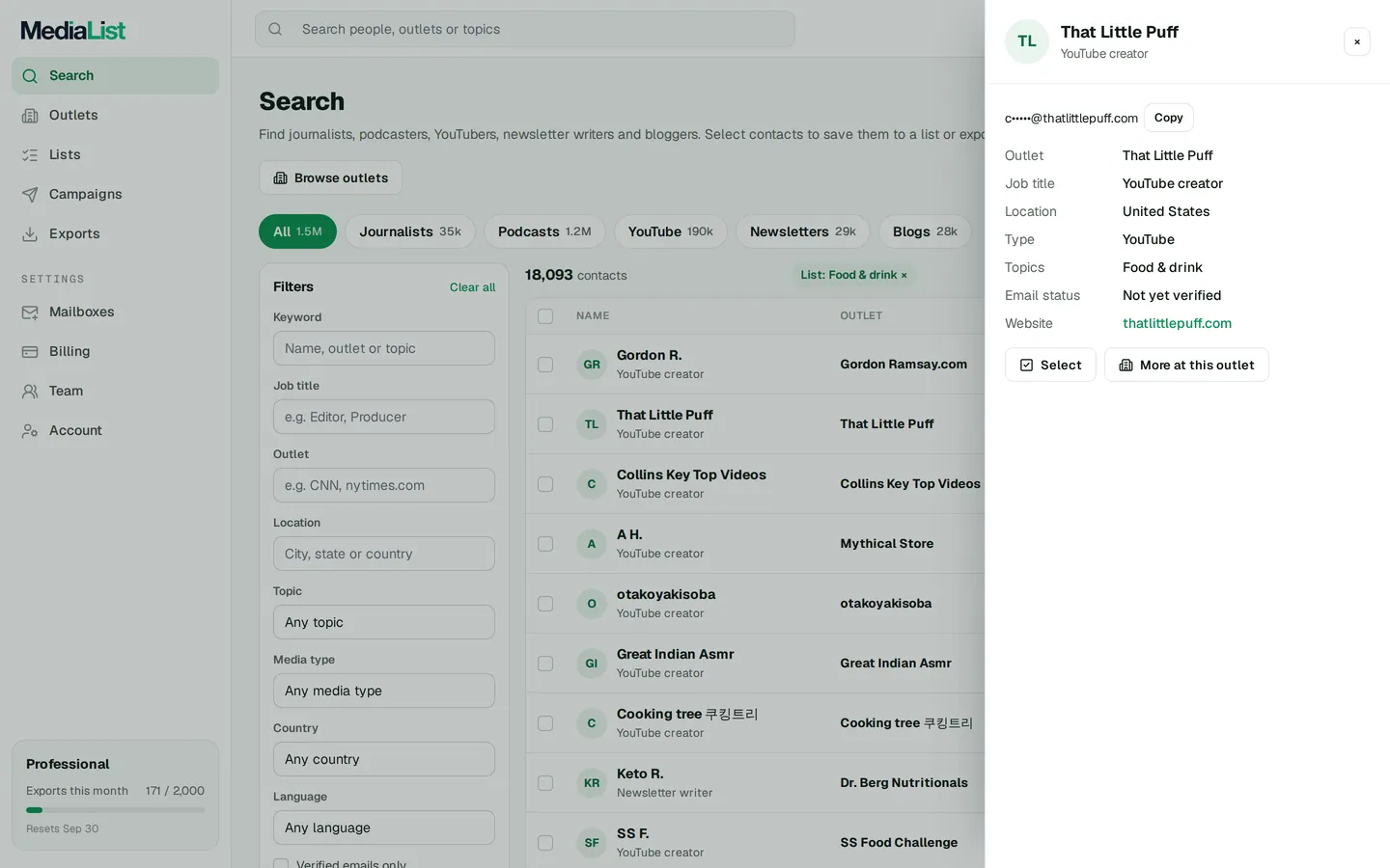 A contact opened in Media List, showing details and an unlocked email