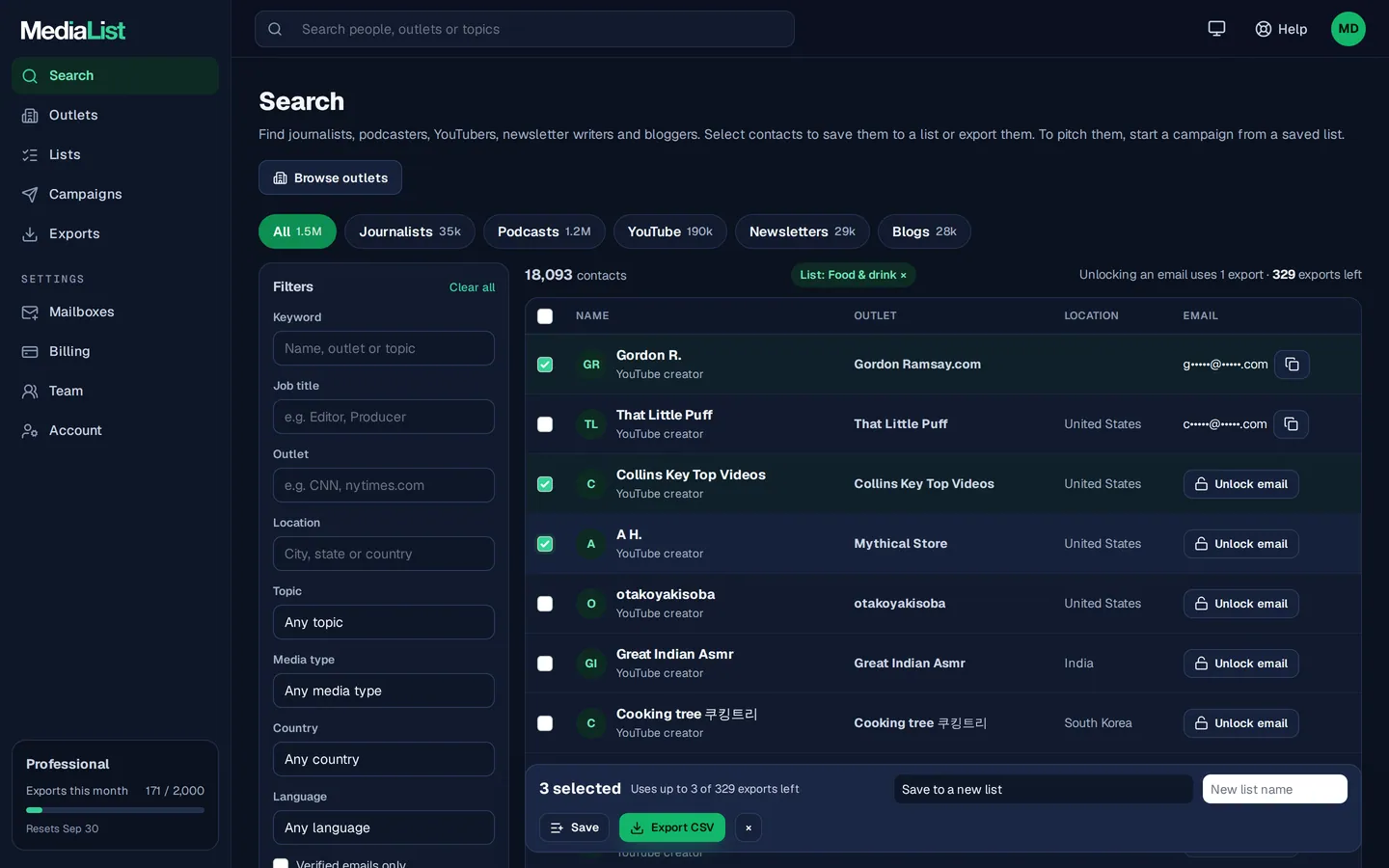 Media List search results with filters, showing contacts and verified emails