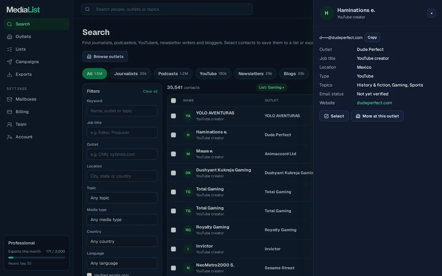 A contact opened in Media List, showing details and an unlocked email