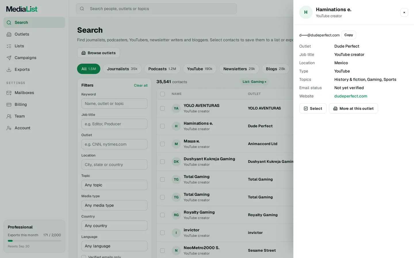 A contact opened in Media List, showing details and an unlocked email