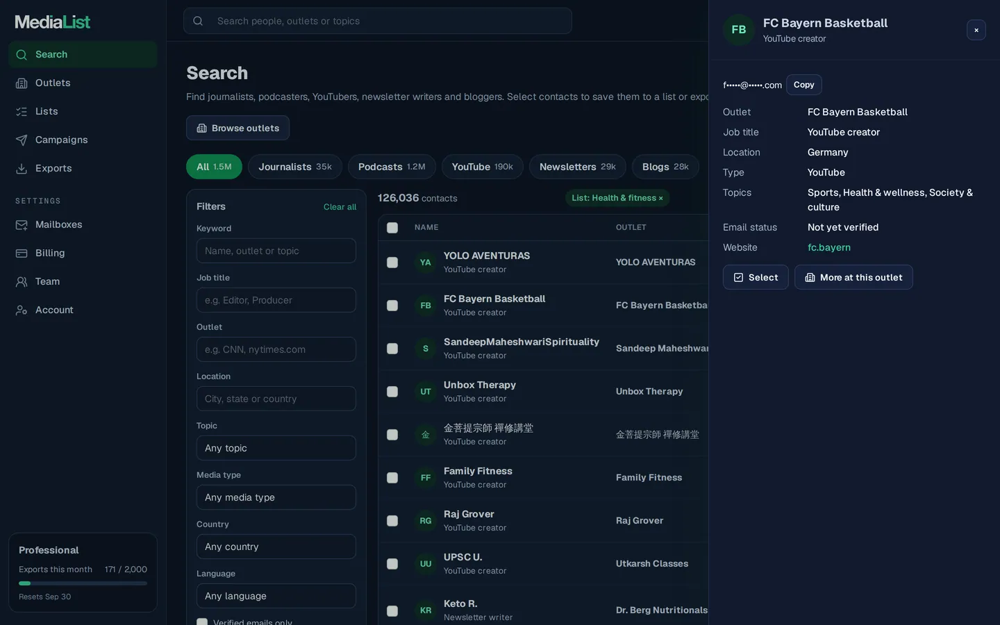 A contact opened in Media List, showing details and an unlocked email