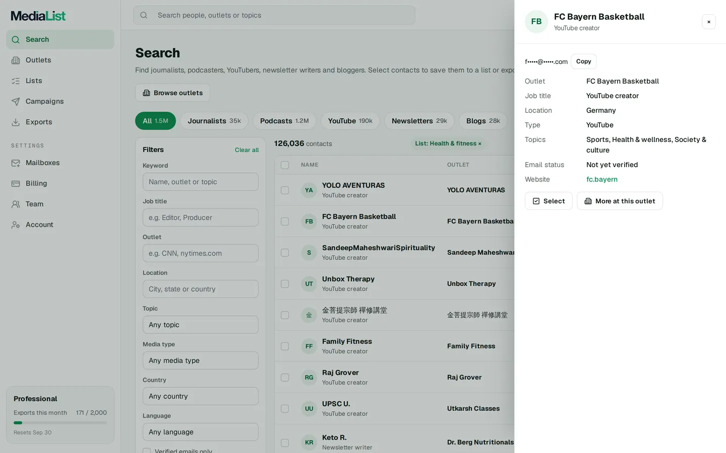 A contact opened in Media List, showing details and an unlocked email