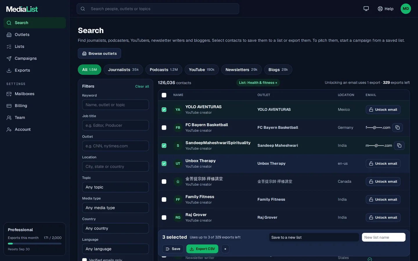 Media List search results with filters, showing contacts and verified emails