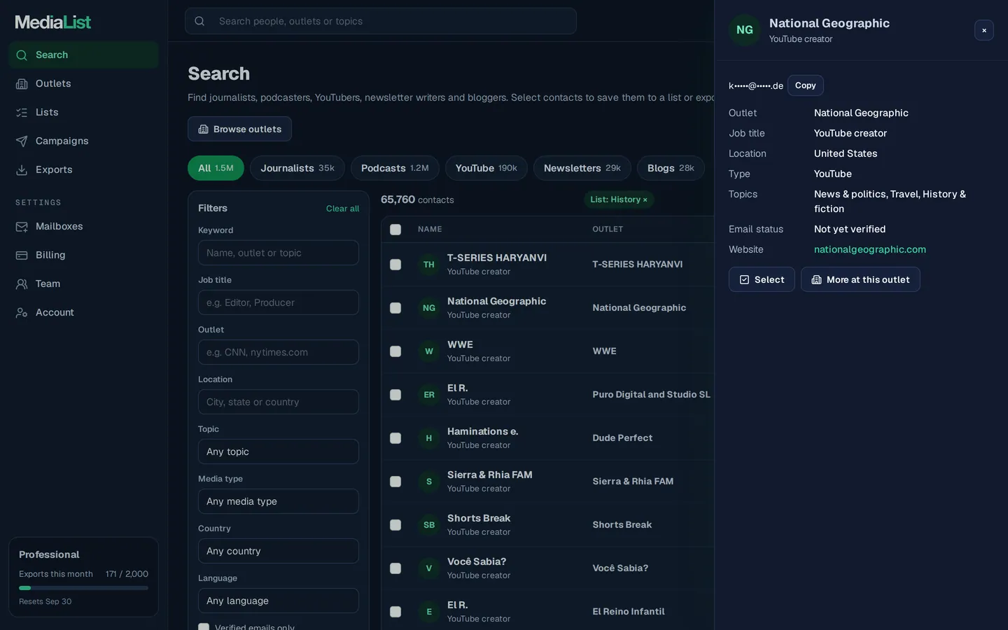 A contact opened in Media List, showing details and an unlocked email