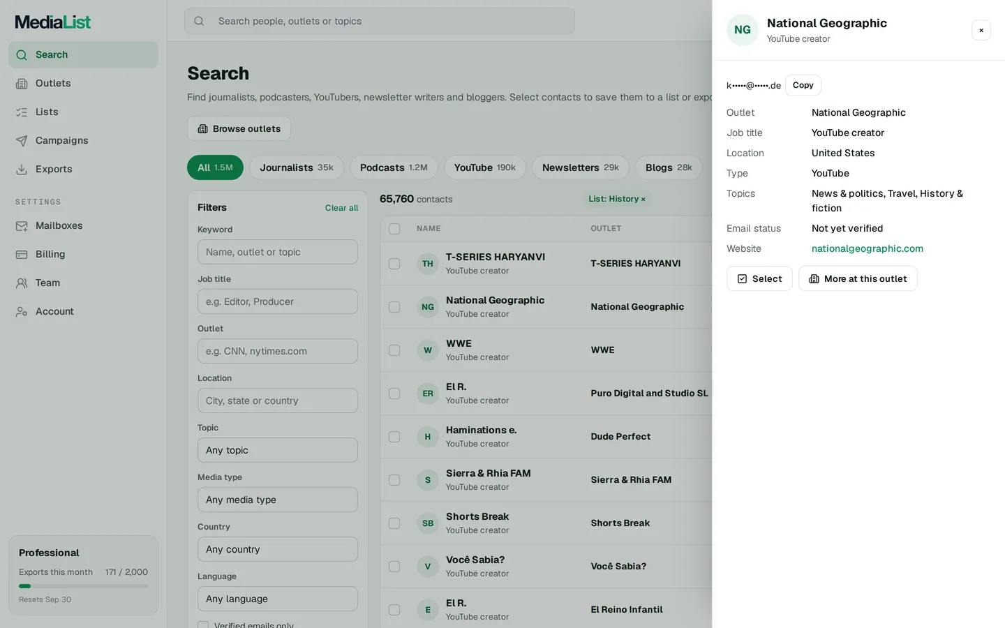 A contact opened in Media List, showing details and an unlocked email