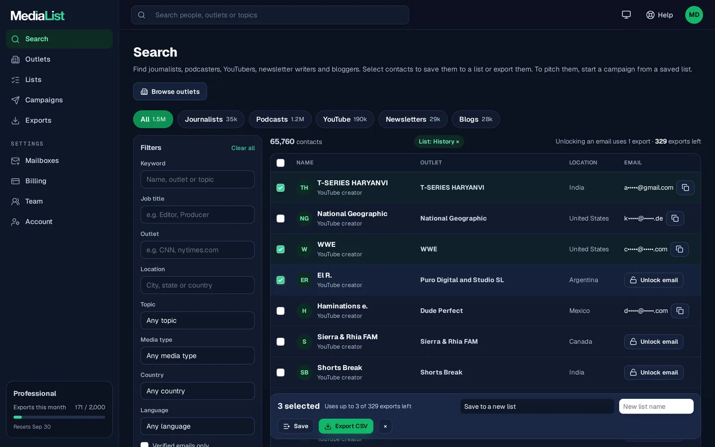 Media List search results with filters, showing contacts and verified emails