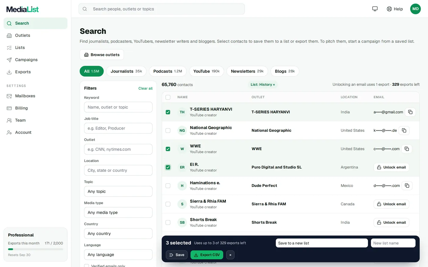 Media List search results with filters, showing contacts and verified emails