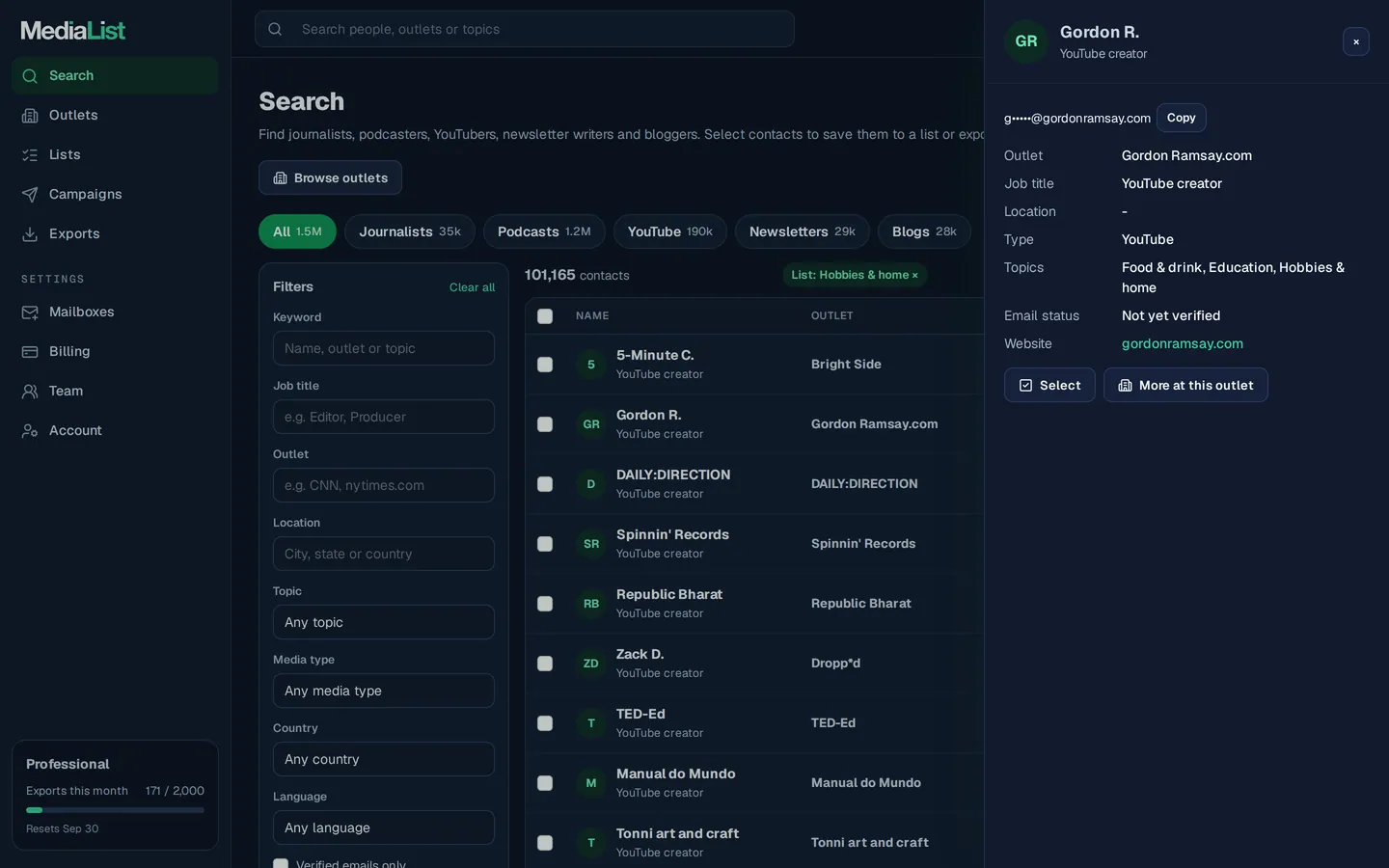 A contact opened in Media List, showing details and an unlocked email