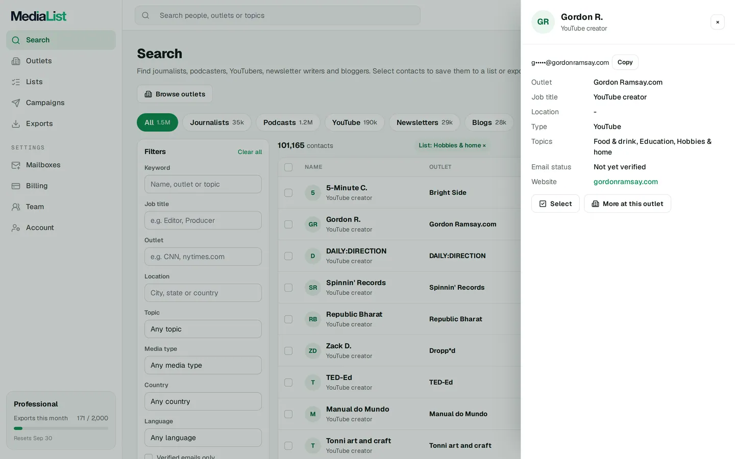 A contact opened in Media List, showing details and an unlocked email