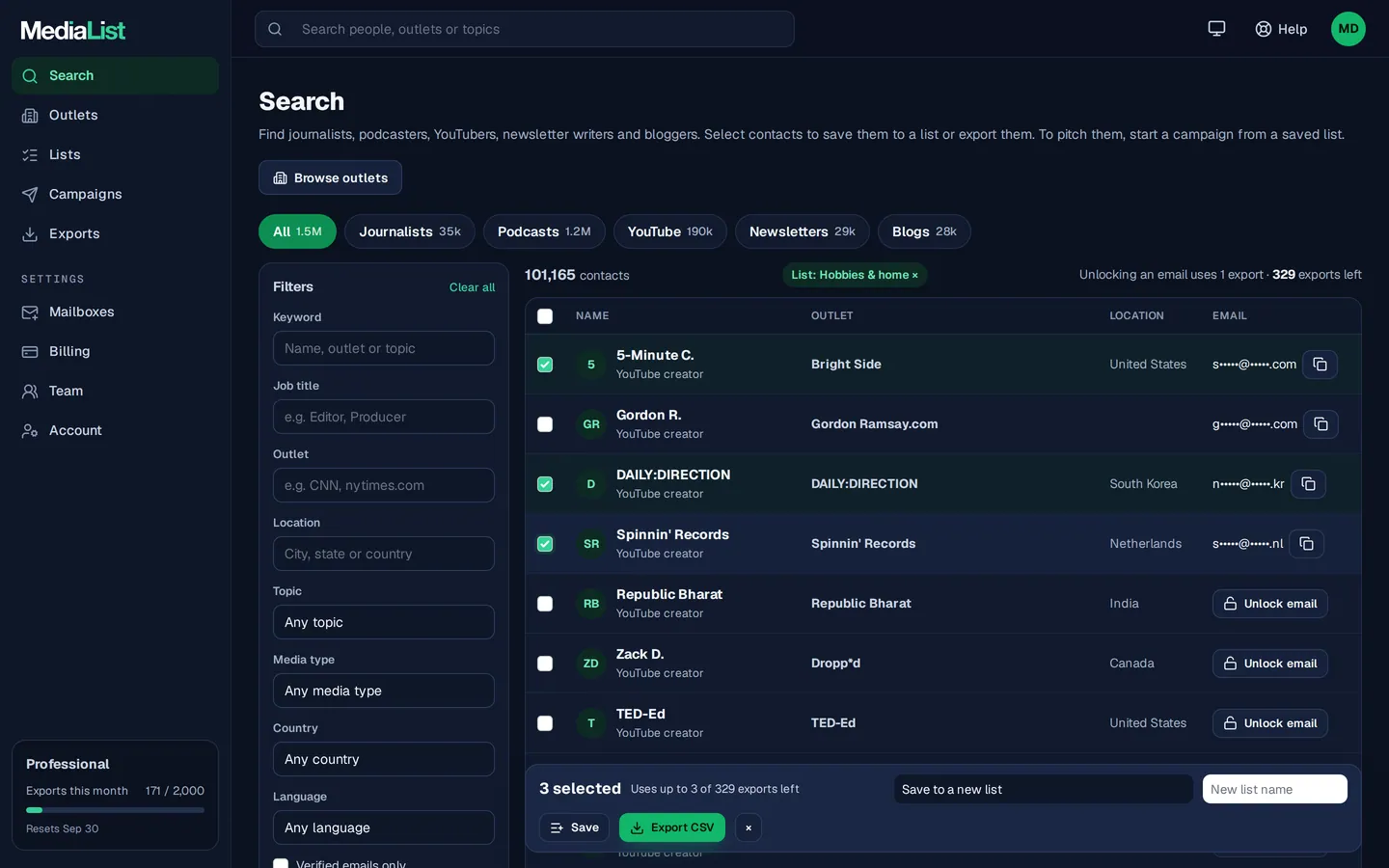 Media List search results with filters, showing contacts and verified emails